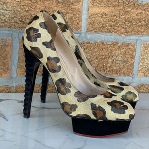 Charlotte Olympia Dolly Leopard Beige Gold Black Figure Heel Platform Pu…